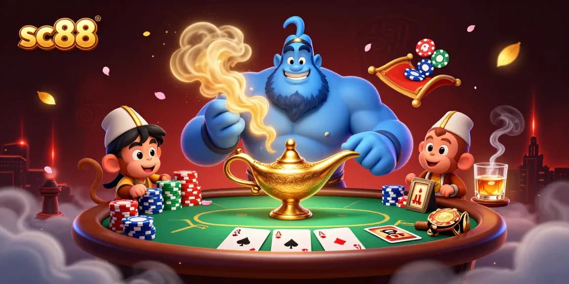 Engage in thrilling card games at the sc88 casino, featuring vibrant 3D illustrations of a genie, monkey, and poker elements.