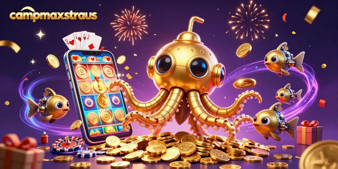 Memenangkan permainan slot di campmaxstraus dengan ilustrasi kraken emas yang melampaui lautan koin emas.