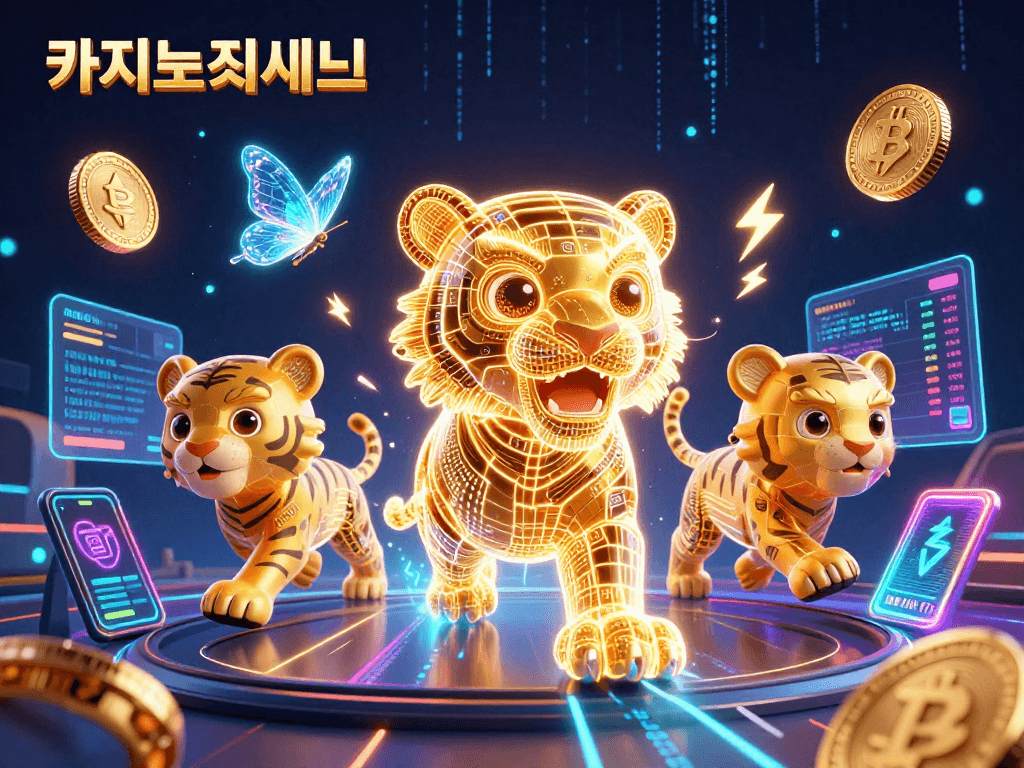 카지노사이트에서 빛나는 금빛 호랑이가 디지털 카지노 경관을 탐험하는 모습