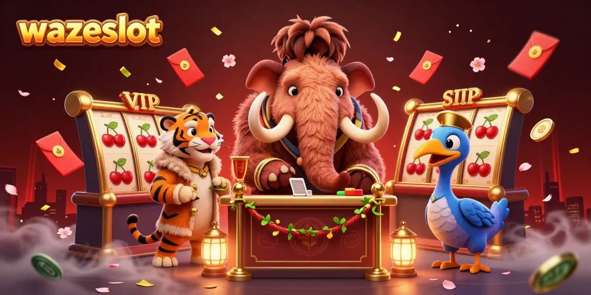 Win big with wazeslot in a vibrant 3D casino scene featuring a mammoth bouncer and vibrant game elements.