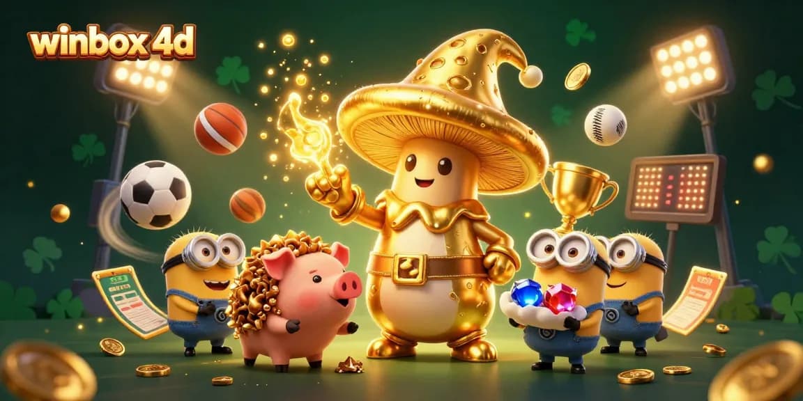 Winbox 4D game scene depicting a magical wizard with a treasure-hunting pig amid sports themes.