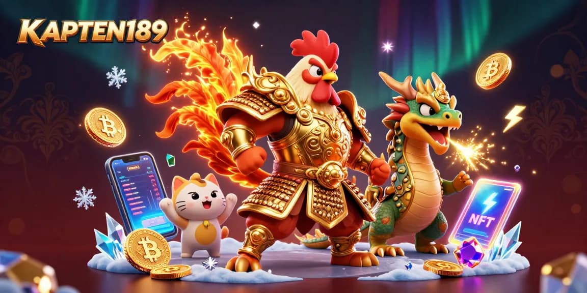 KAPTEN189 hadir dengan ilustrasi casino 3D yang menampilkan pejuang ayam, naga, dan koin Bitcoin.