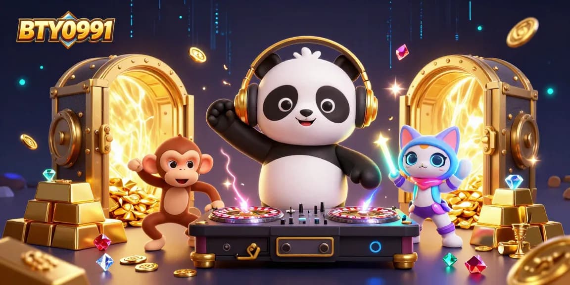 Experience the excitement of BTY0991 with a DJ panda and vibrant casino elements.
