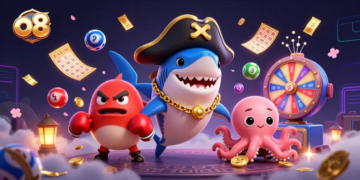 Experience thrilling action and lively fun with o8's colorful gambling scene featuring dynamic characters and vibrant game elements.
