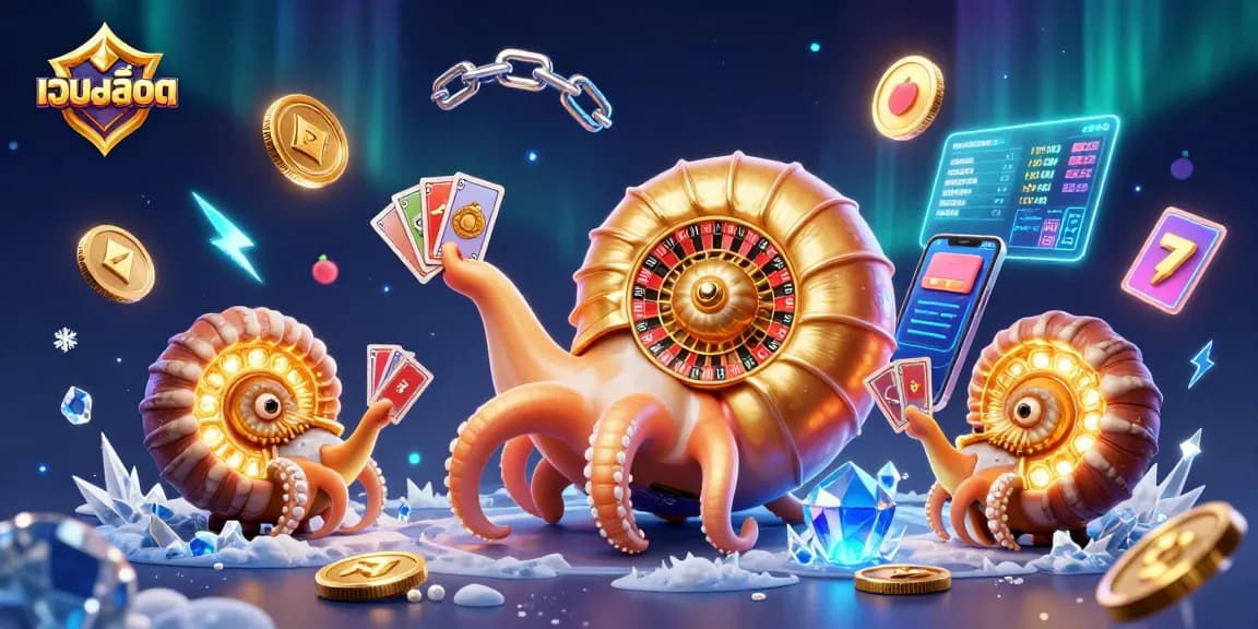 Engage in action at เว็บสล็อต with a vibrant 3D casino scene showcasing a giant nautilus and slot game elements.