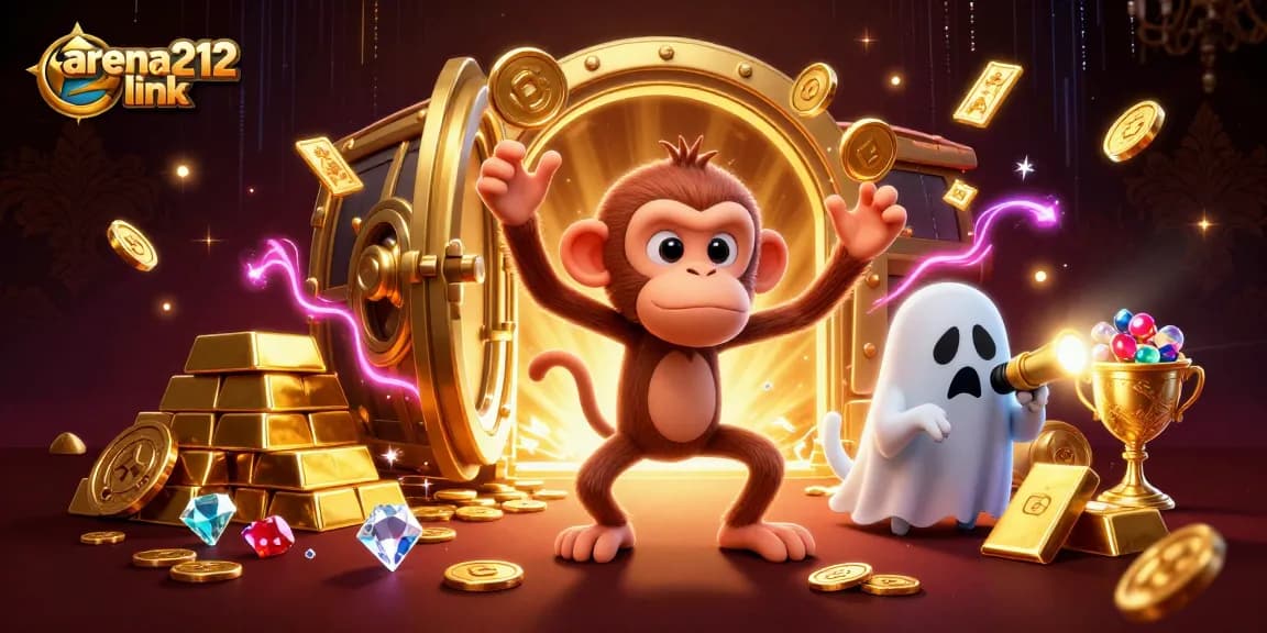 Melihat arena212 link dalam ilustrasi kasino yang penuh harta karun dan karakter ujian.