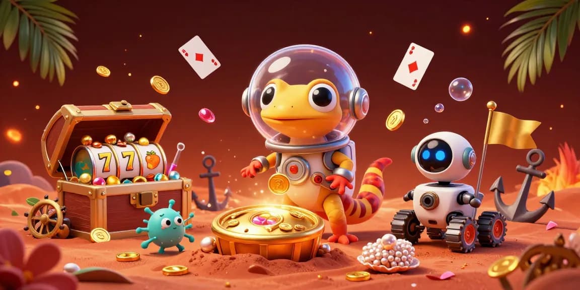 Ratuslot Martian gecko discovers a golden casino with slot reels and vibrant treasures.