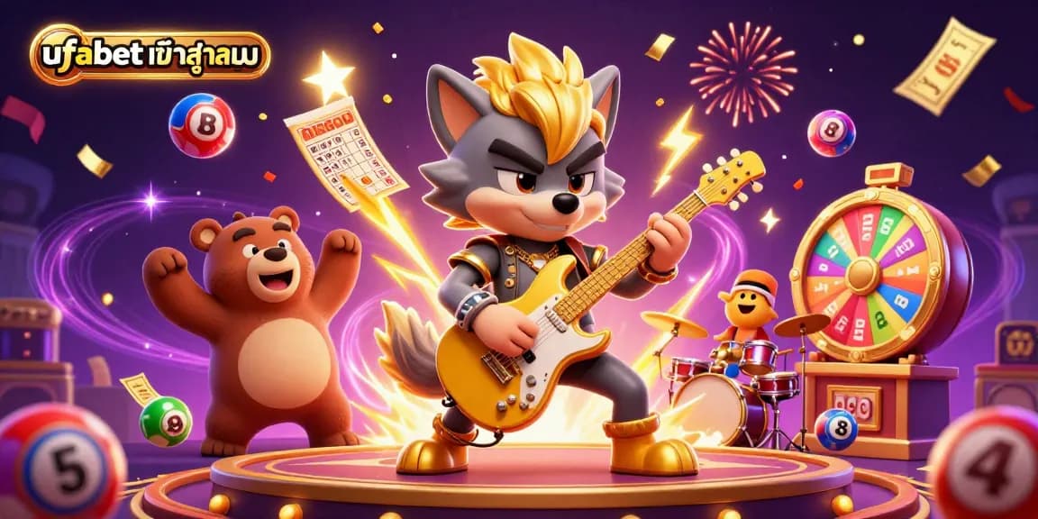 Engage with ufabetเข้าสู่ระบบ as a 3D cartoon rock star wolf and drummer bear perform in a lively casino scene.