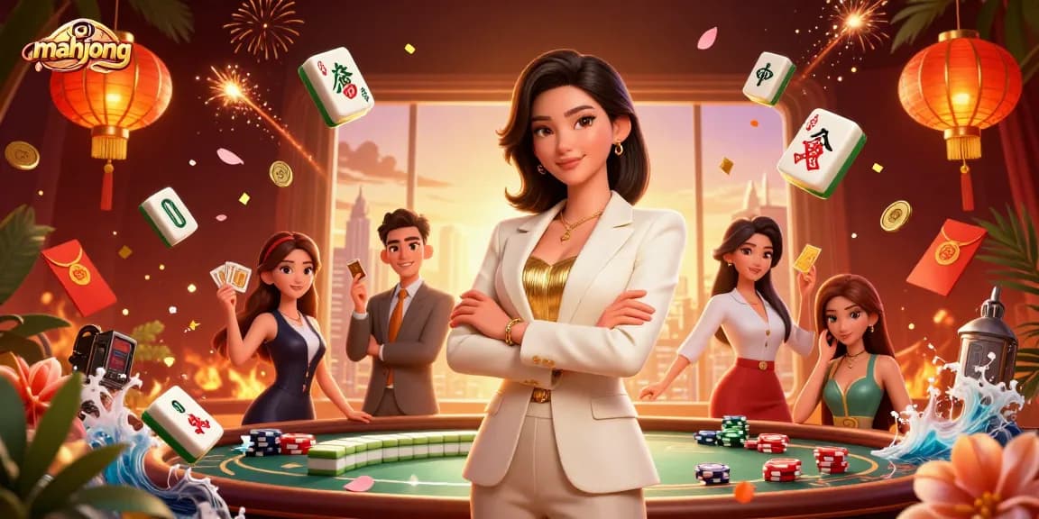 Experience Mahjong gameplay with a stunning illustration of a professional player and enchanting game elements.