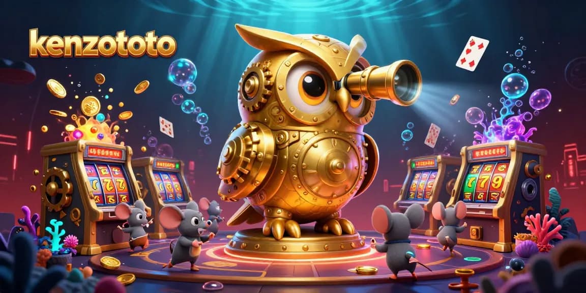 Kenzototo features an enchanting 3D scene with a clockwork owl and bustling casino activity, capturing the thrill of gaming.