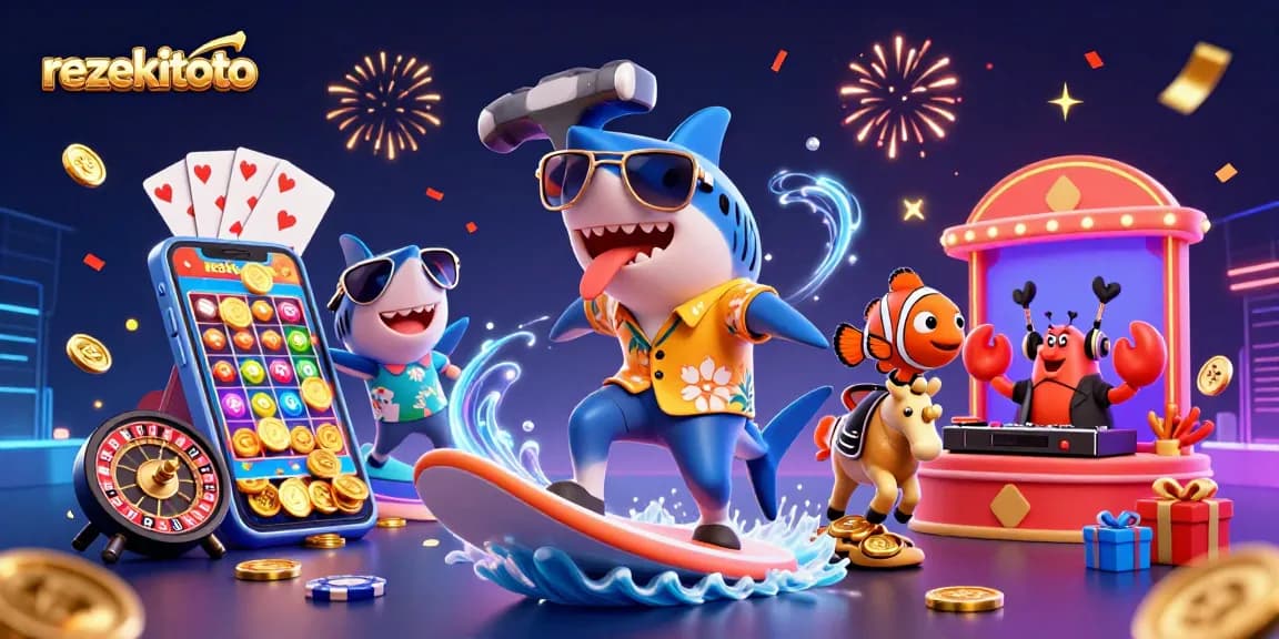 Experience thrilling gameplay with rezekitoto, featuring a vibrant shark, clownfish, and crab celebrating in a casino.
