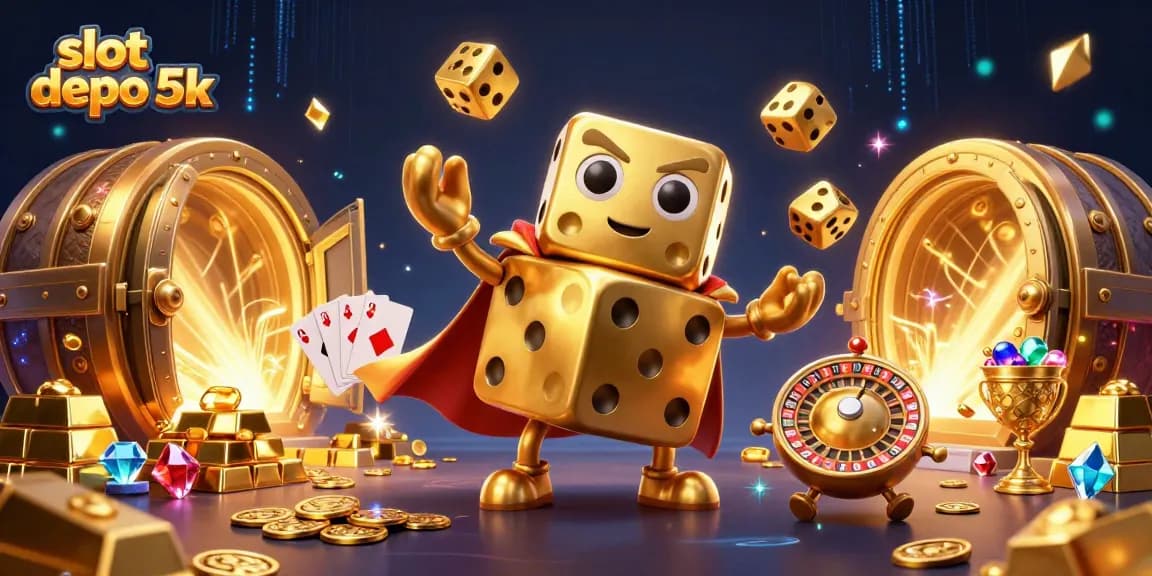 Experience thrilling action with slot depo 5k, featuring dynamic dice and dazzling treasure in a vibrant casino scene.