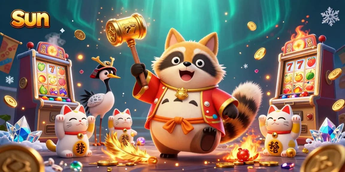 Win big with the sun-themed tanuki and fortune cats celebrating at a vibrant online casino.