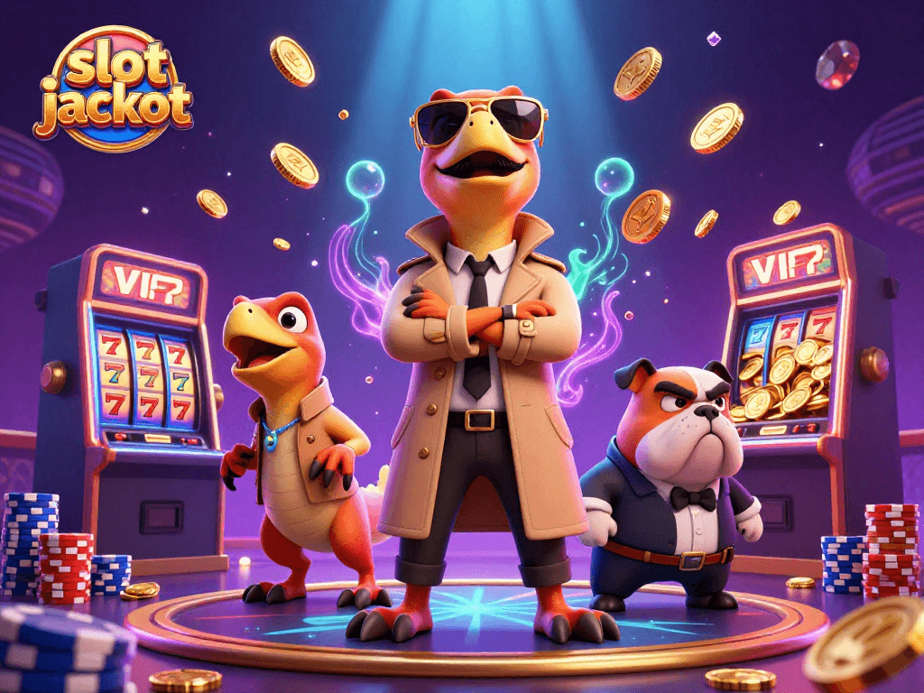Engage in the excitement of slot jackpot games with vibrant 3D elements surrounding playful raptors at a casino.