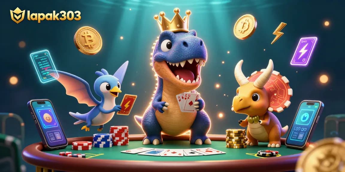 Experience thrilling poker action at lapak303 with cartoon T-Rex playing cards and chip stacking.