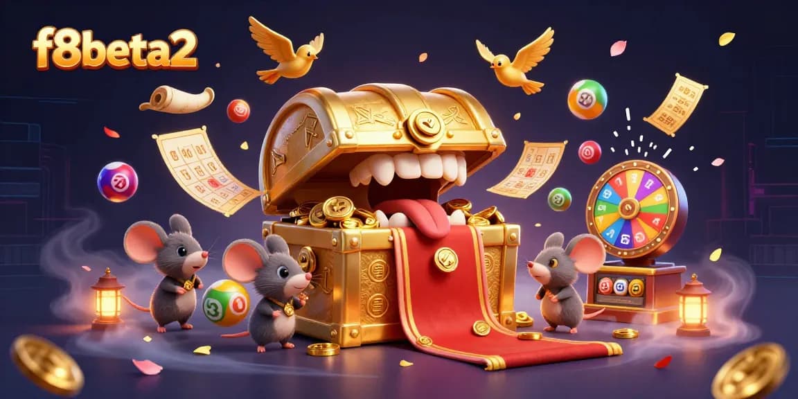 Engage with f8beta2's vibrant lottery scene featuring golden treasure and winning elements.