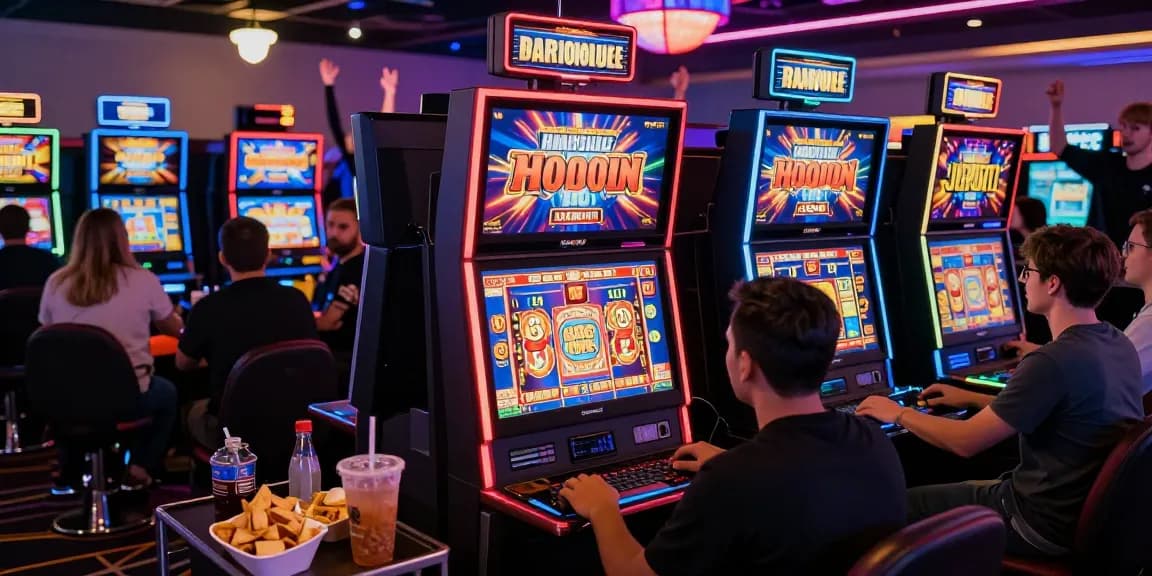 Pengalaman online yang dinamis dengan pemain bersemangat merayakan kemenangan slot jackpot.