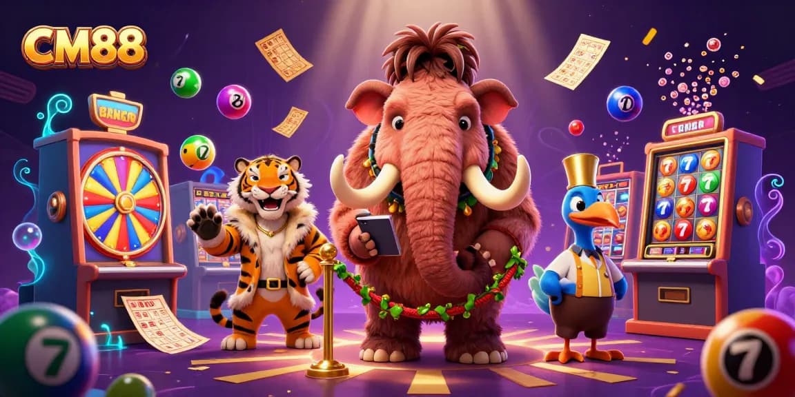 Engage with CM88's vibrant casino scene featuring a woolly mammoth bouncer and a saber-tooth tiger.