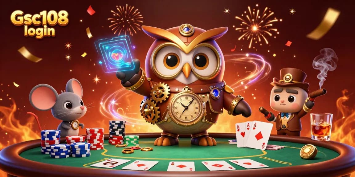 Experience the thrill of Gsc108 login with 3D elements showcasing poker action and steampunk characters.