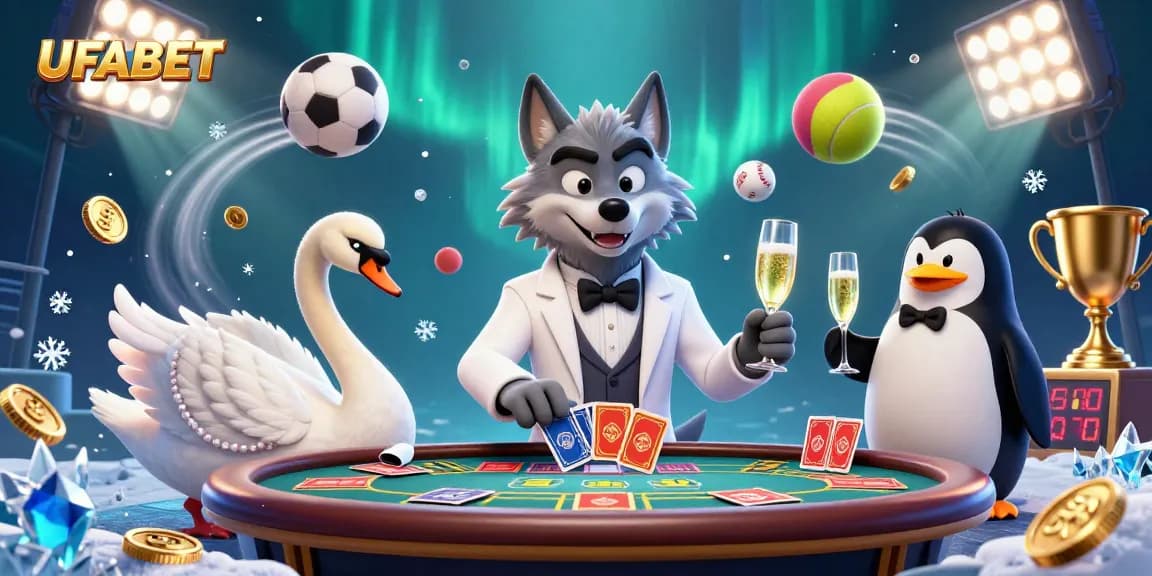 Bet on UFABET as a debonair wolf and elegant swan deal cards amidst dynamic sports elements.