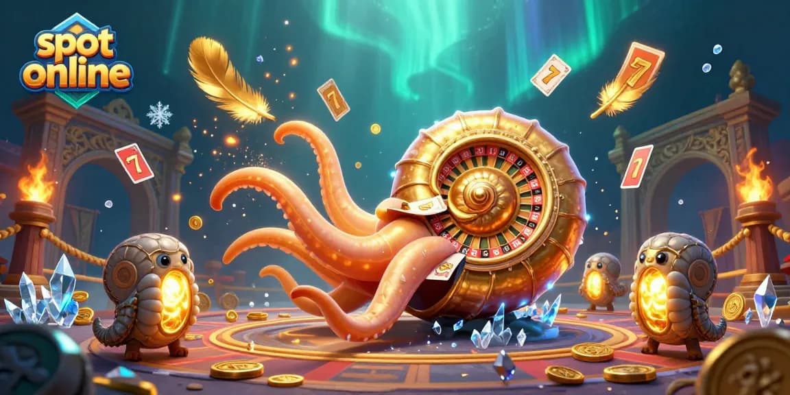 Spin the reels of slot online games in a vibrant 3D illustration with a giant nautilus and glowing ammonites.