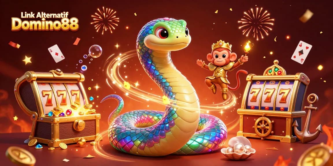 Experience thrilling gameplay in Link Alternatif Domino88 with rainbow serpent, golden monkey king, and exciting slot elements.