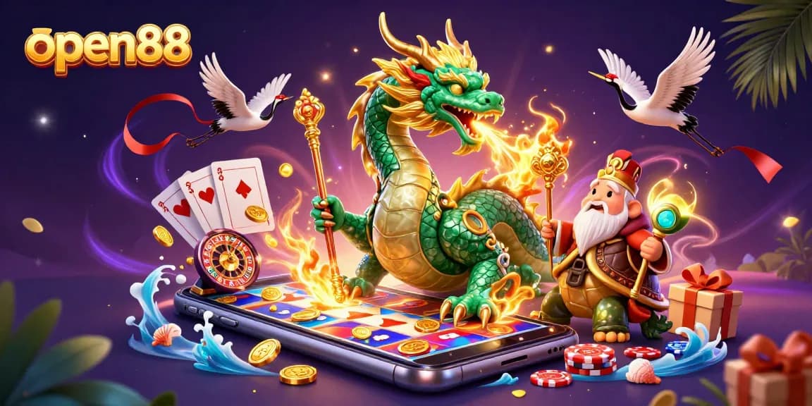 Experience thrilling games at open88 with a magical scene showcasing a golden-dragon and vibrant casino elements.