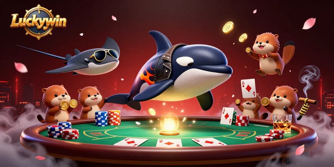 Spin with Luckywin at a vibrant online casino; join the animated characters in a thrilling poker scene.