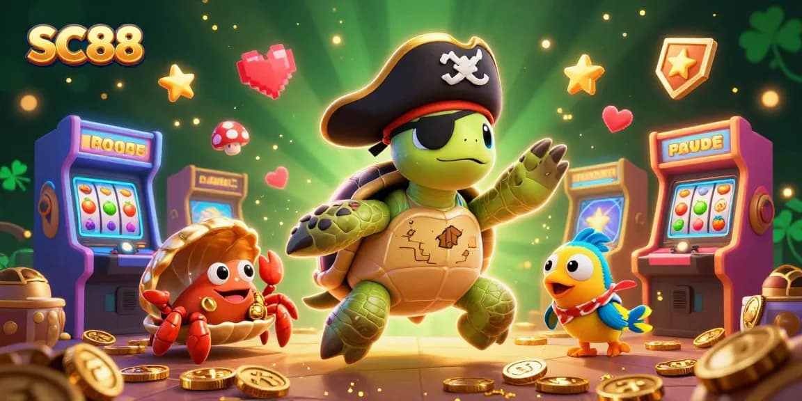 Experience SC88's adventurous charm with a pirate turtle and friends amidst vibrant gaming elements.