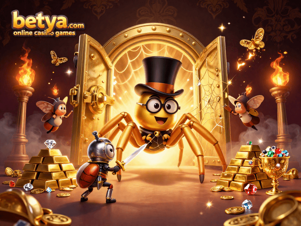 Engage in betya.com online casino games with a vibrant scene featuring a golden tarantula and treasure.