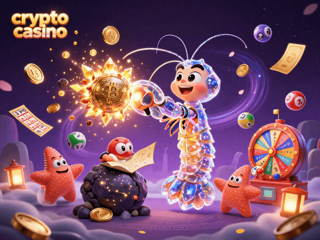 Engage in a vibrant crypto casino experience with a galactic mantis shrimp battling treasure-filled asteroids.