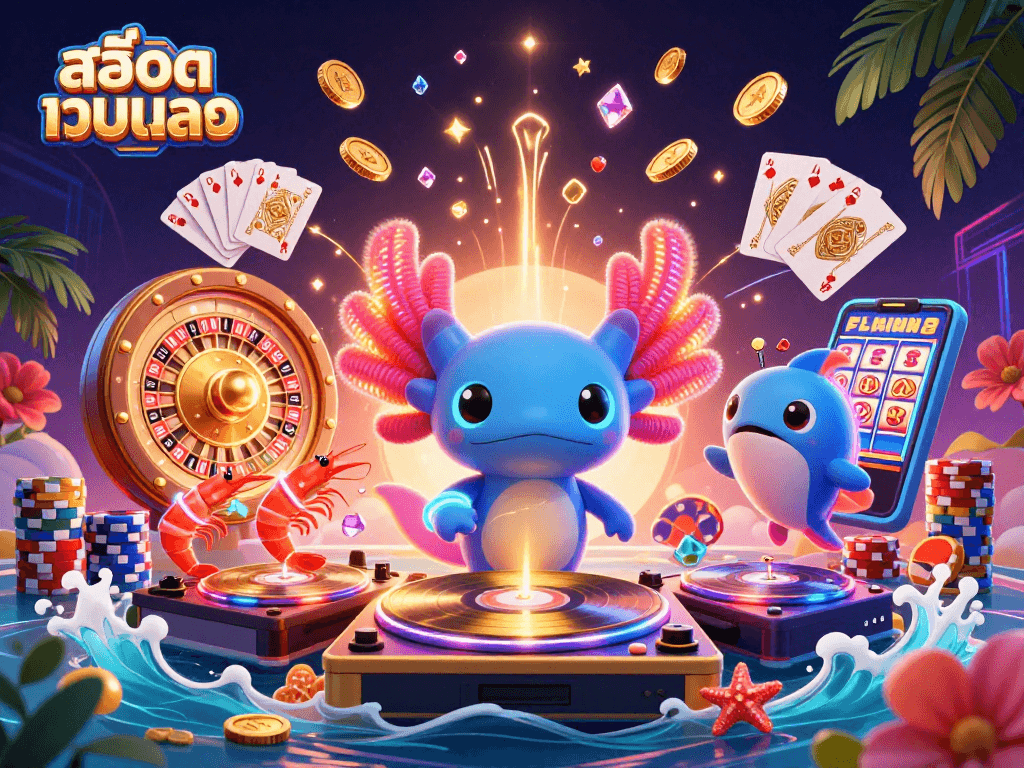 Experience exhilarating สล็อตเว็บตรง thrills with vibrant casino elements and dynamic sea creatures celebrating in a vivid underwater party.