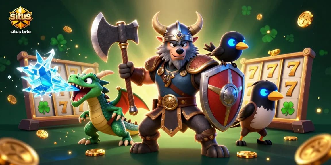 Engage with situs toto's thrilling atmosphere, featuring a Viking wolf warrior, dragon, and vibrant slots.