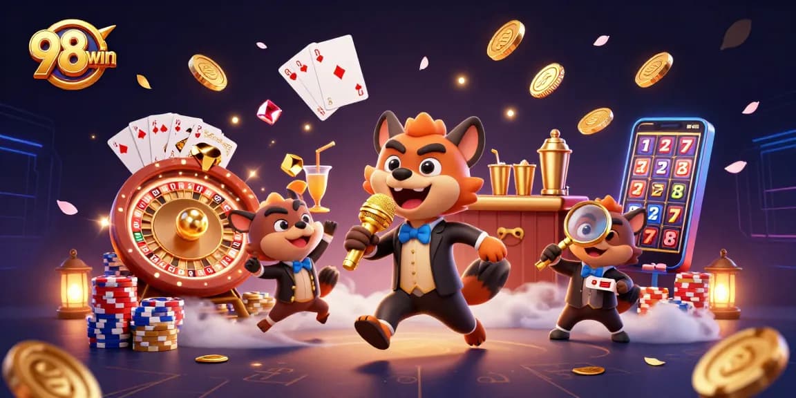 Engage in thrilling gaming experiences at 98win with vibrant hyenas in a lively casino setting.