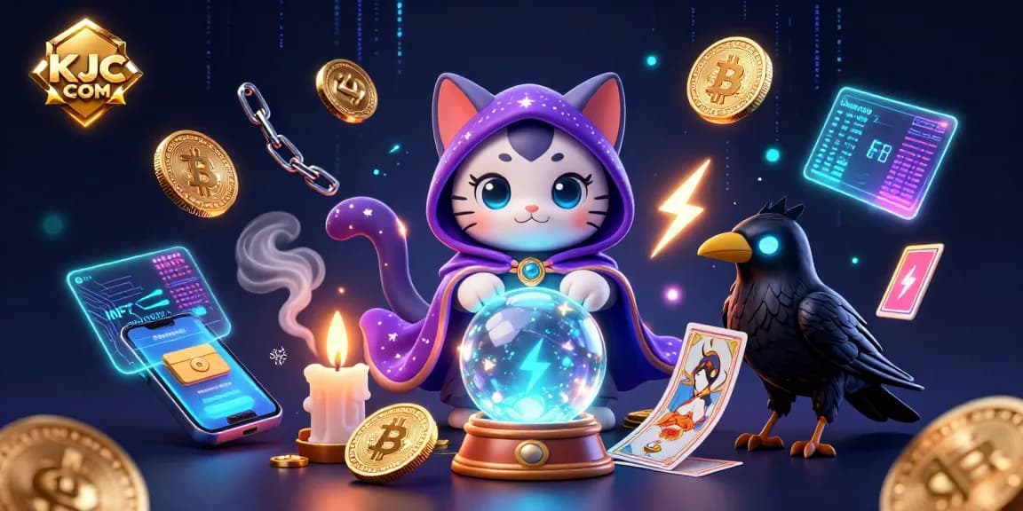 Experience thrilling gameplay at KJC COM with cartoon characters like a mystic cat and tarot raven surrounded by vibrant crypto elements.