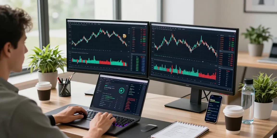 Play exchange cryptocurrency trading setup showcasing advanced tech, digital wallets, and market analysis.