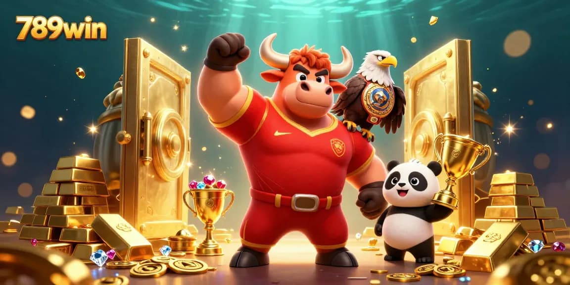Engage with thrilling 789win casino action featuring a bull mascot, eagle, and panda amidst treasure elements.