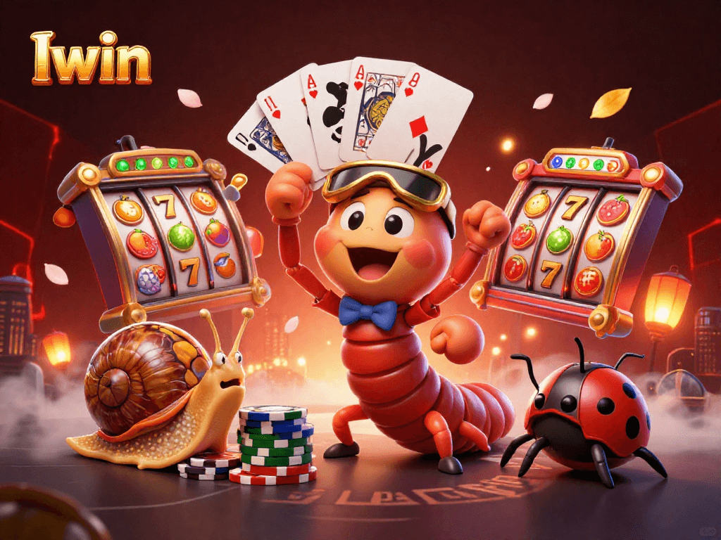 Iwin immersive gaming scene with a cartoon millipede dealer and vibrant slot elements.
