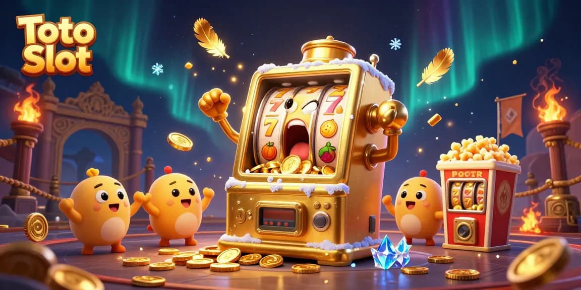 Toto Slot menampilkan mesin slot emas beranimate terkejut saat jackpot, dikelilingi simbol keberuntungan dan koin emas