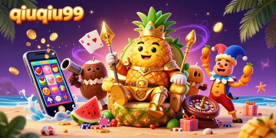 Join the thrilling action with qiuqiu99's vibrant gaming scene featuring a golden pineapple king and exciting casino elements.