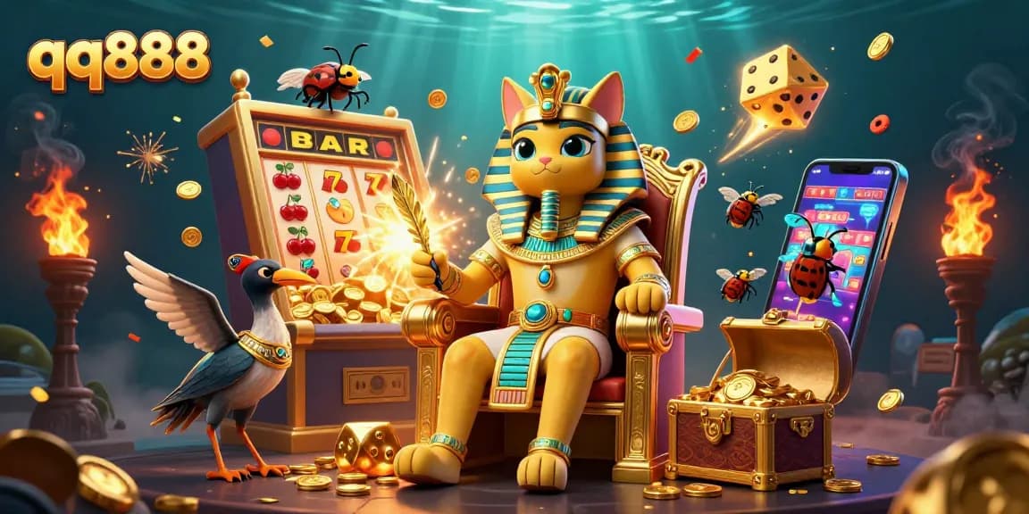 Engage in thrilling gameplay with qq888 as Egyptian pharaoh cat surrounded by casino riches.