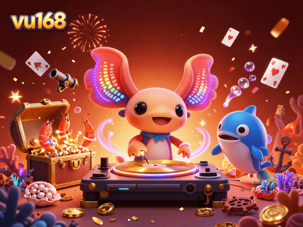 Join the fun at vu168 as you explore vibrant underwater casino adventures with axolotl DJ and friends!