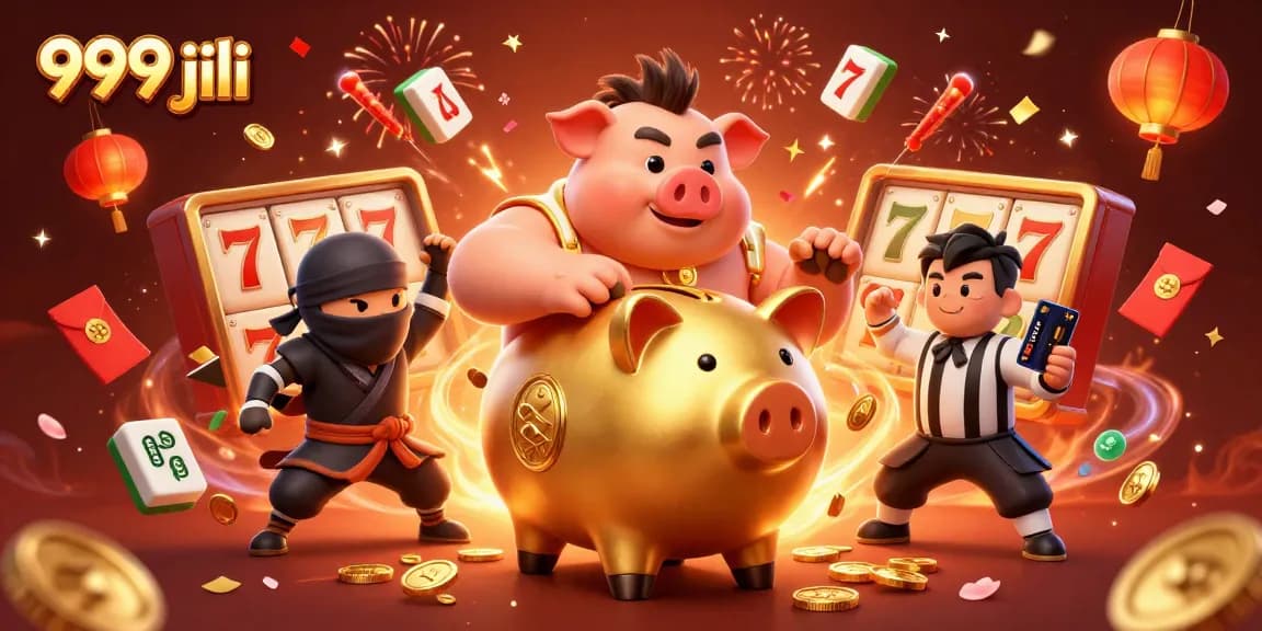 Experience the thrilling world of 999 jili gaming with a golden piggy bank sumo wrestler and vibrant casino elements.