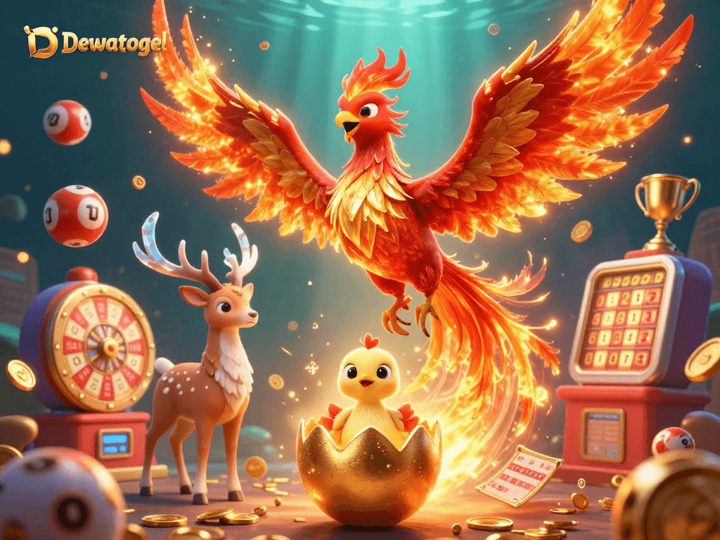 Dewatogel menampilkan merpati api dalam ilustrasi digital 3D dengan elemen lotere dinamis.