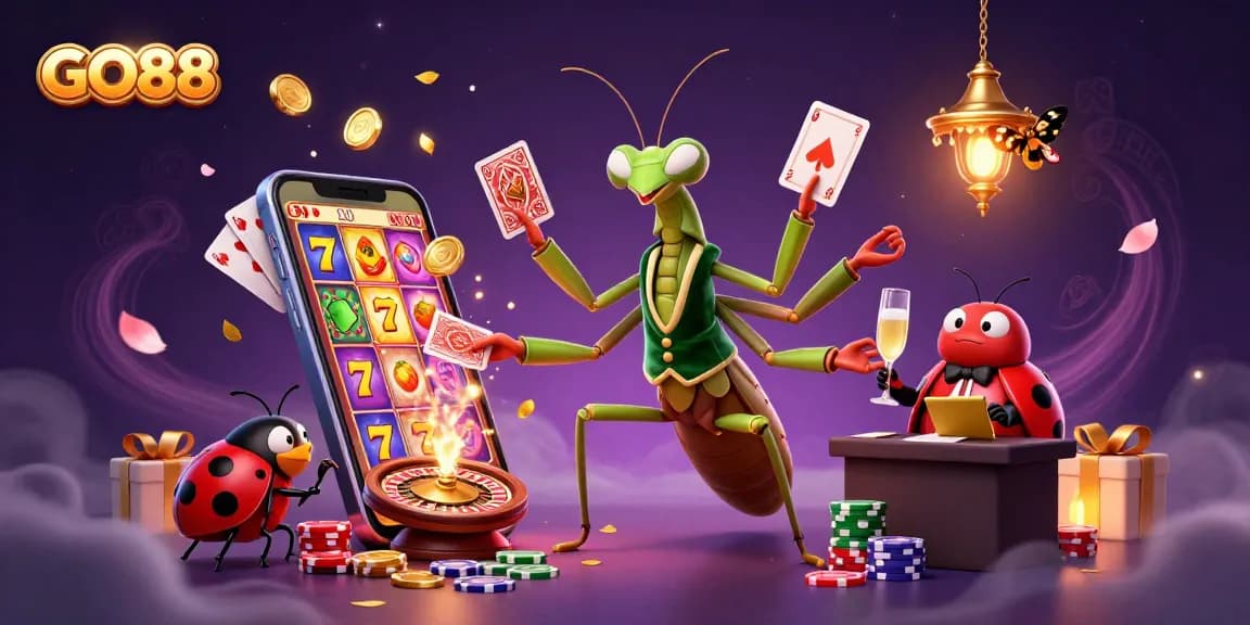 Experience the excitement of GO88 with a colorful 3D casino scene featuring dynamic characters and vibrant gaming elements.