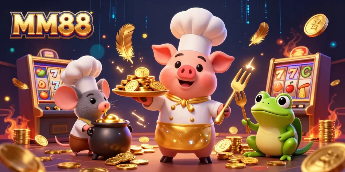 Engage in exciting games at MM88 with a unique culinary-themed casino scene featuring playful characters.
