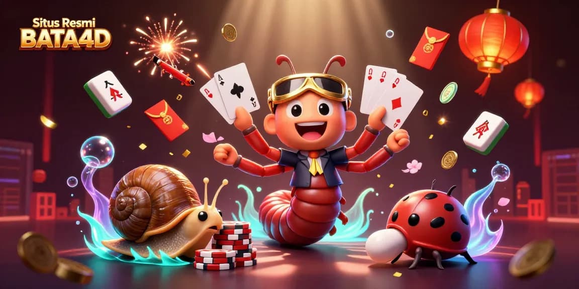 Situs Resmi BATA4D menampilkan dealer kartun 3D yang membagikan kartu, dikelilingi elemen kasino yang bercahaya.