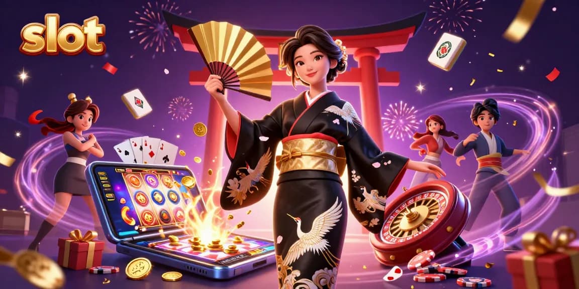 Putar permainan slot yang berwarna-warni dengan koin emas dan seorang wanita Asia cantik dalam ilustrasi bertema kasino.