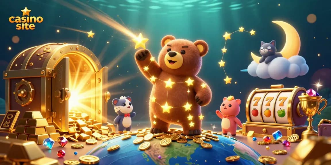 Engage with a vibrant casino site scene featuring a constellation bear collecting coins amidst slot reels and shimmering gems.