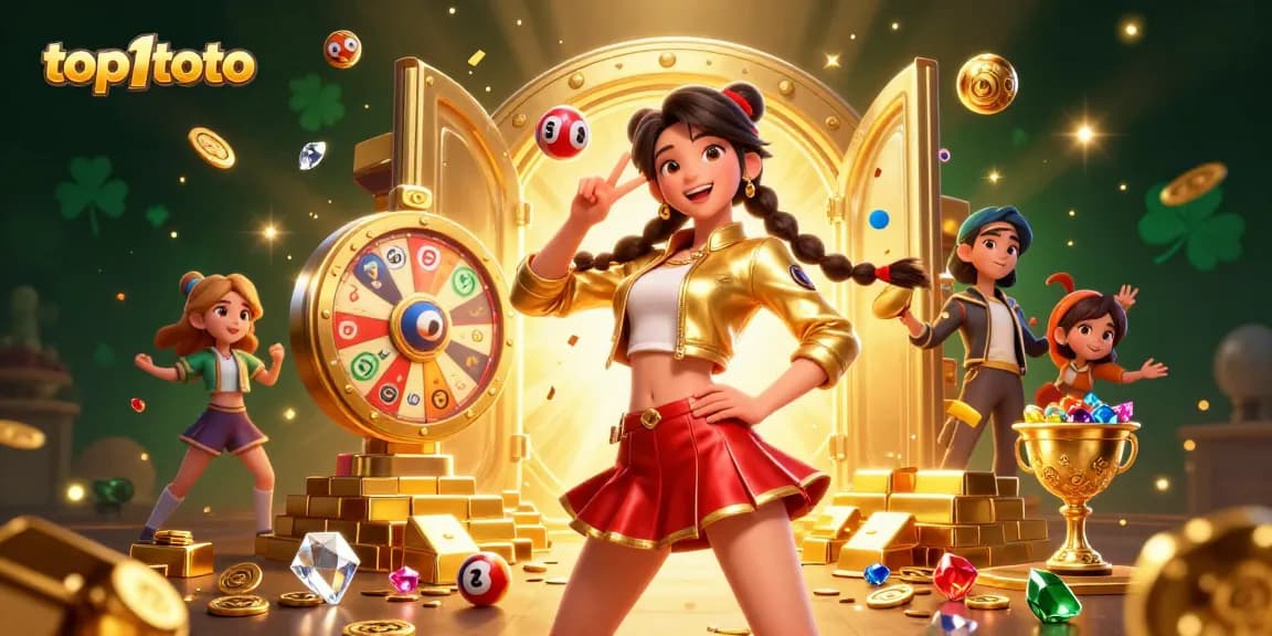 Engage with top1toto as a vibrant, energetic Asian woman celebrates lottery wins amidst treasure and gaming elements.